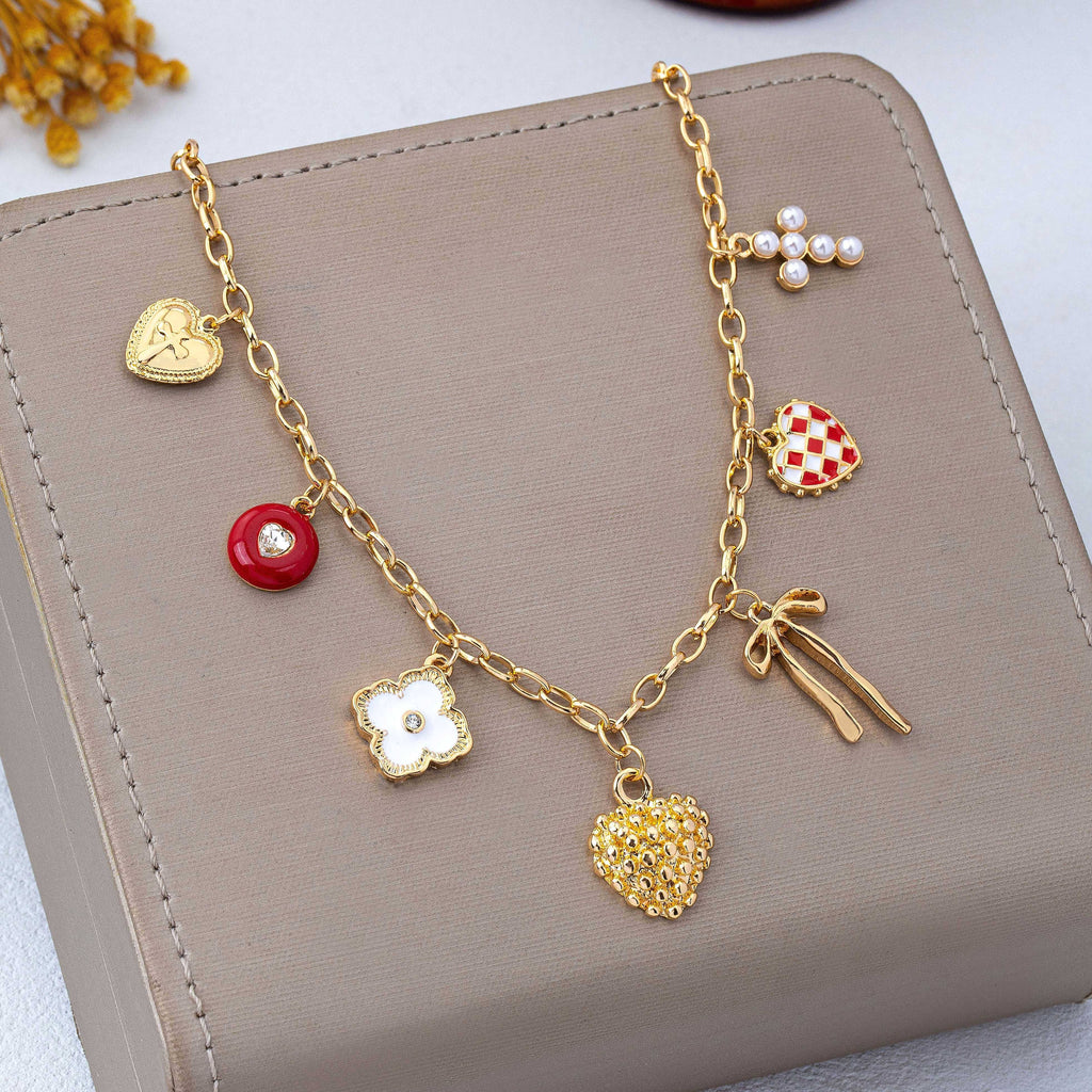Heart Bow Cross Checker heart Charm Necklace | 80N93301: GOLD
