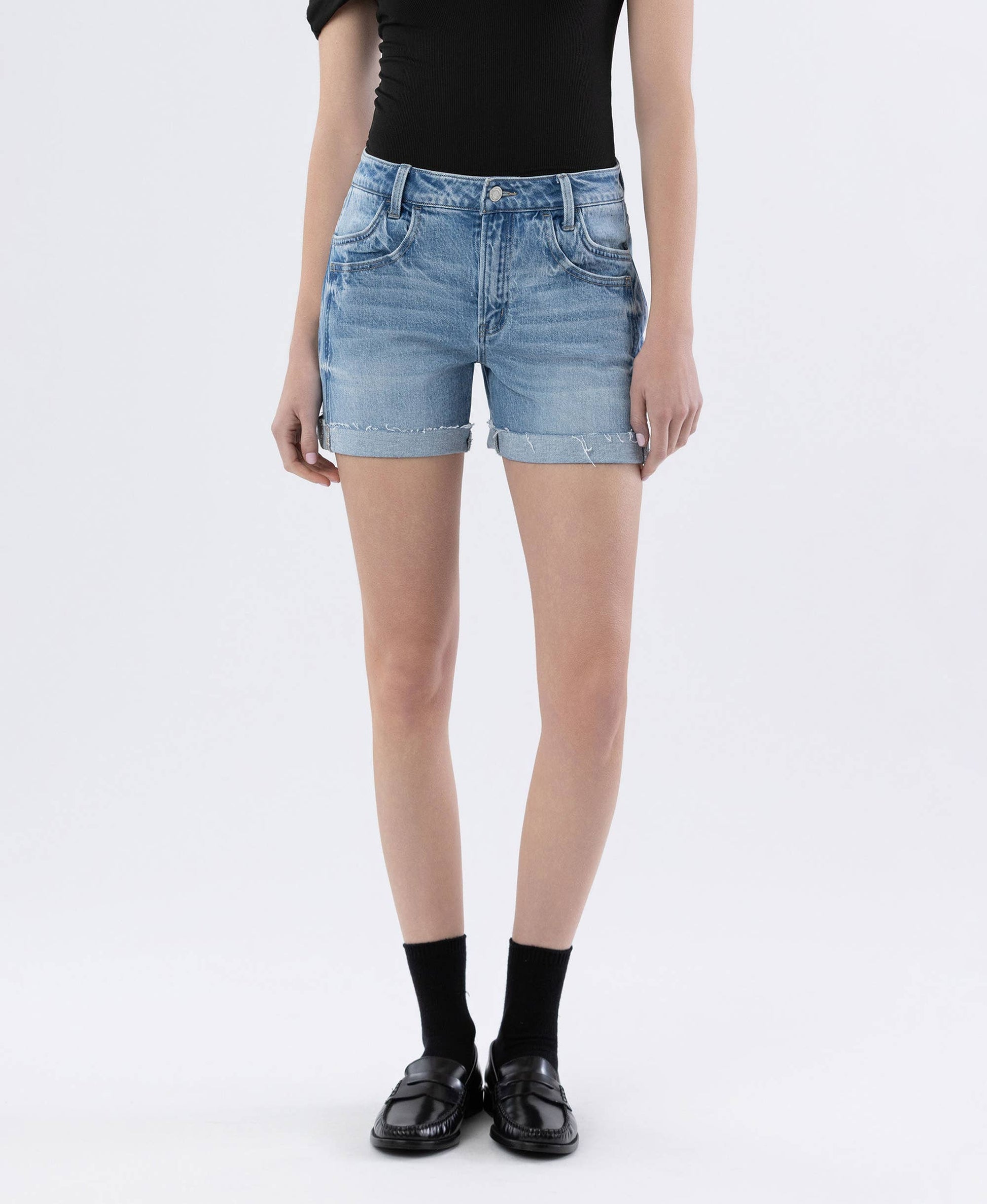 HIGH RISE DOUBLE FRONT POCKET CUFF SHORTS: GODS PLAN