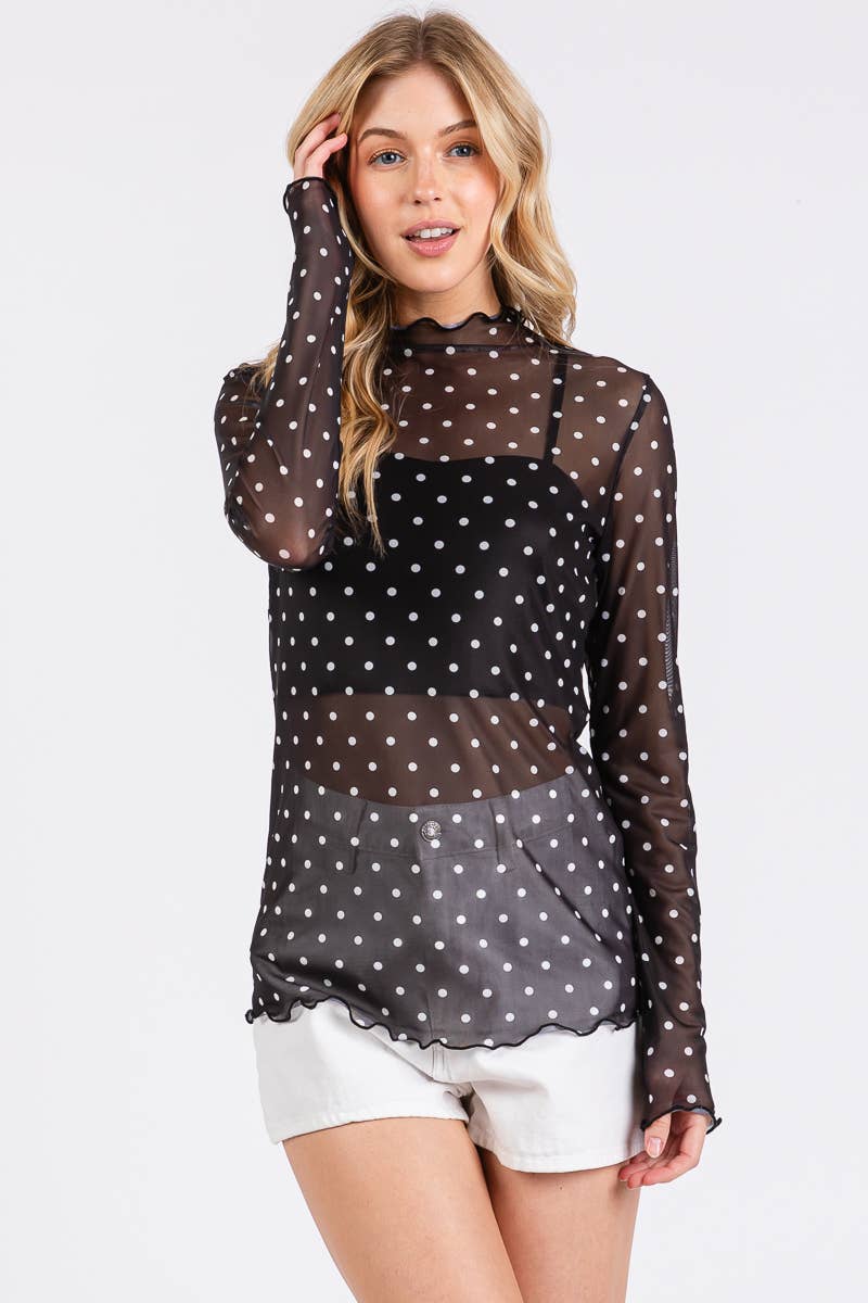 Black & White Polka Dot Mesh Long Sleeve Top