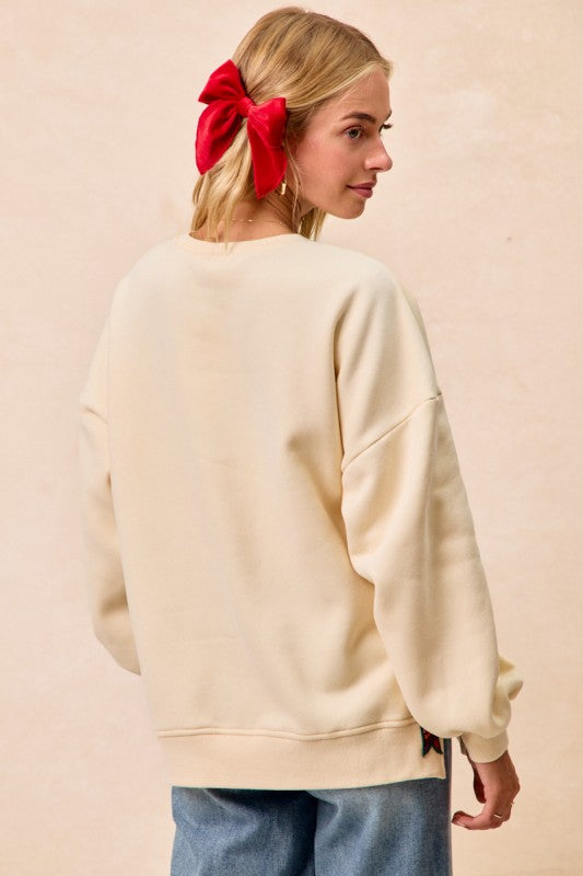 Christmas Plaid “Merry” & Side Bow Patches Fleece Sweatshirt