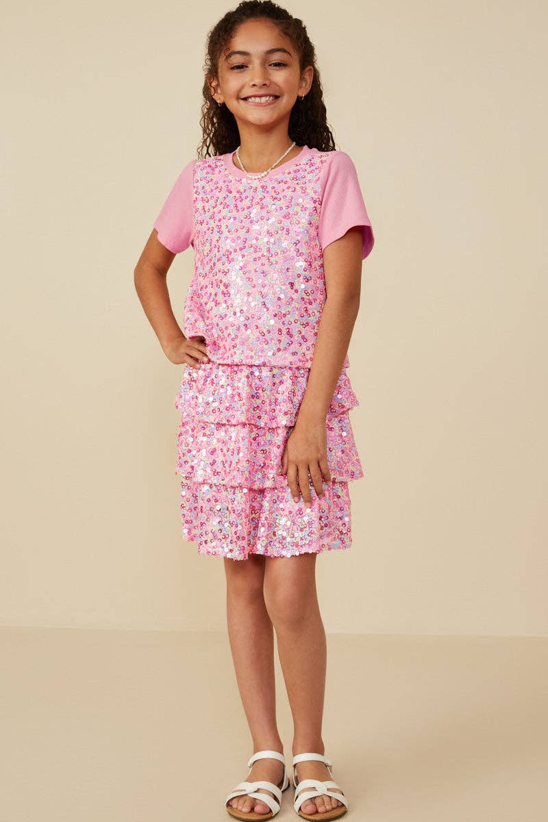 Girls Sequin Paneled T Shirt: Pink