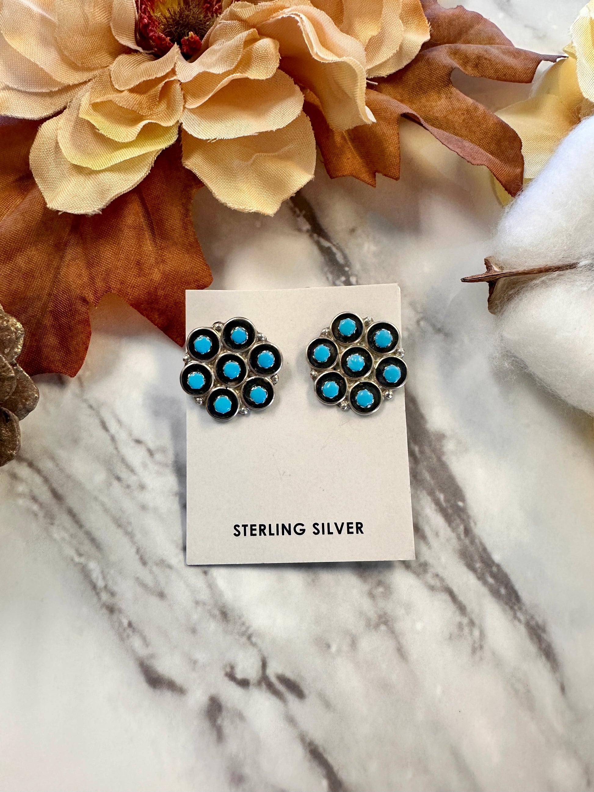Vintage Sterling Silver & Turquoise Zuni Cluster Stud Earrings