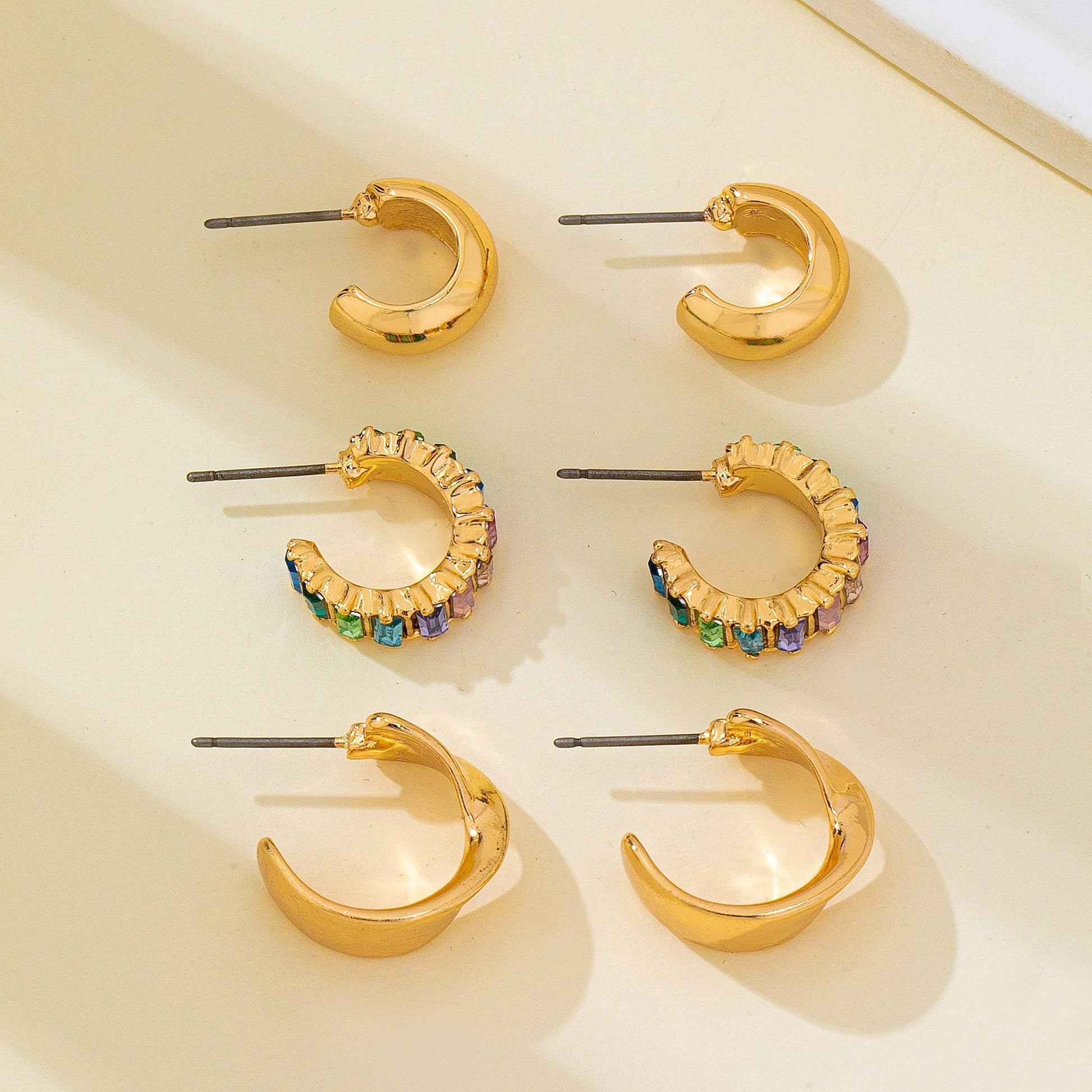Multi Colored Baguette Twisted Hoop Trio Earring