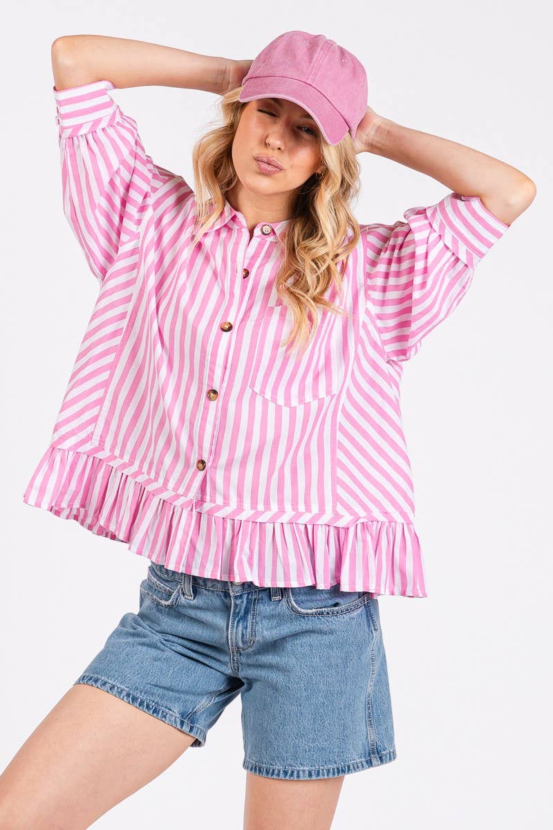 Pink and White Striped Button Down Ruffle Blouse
