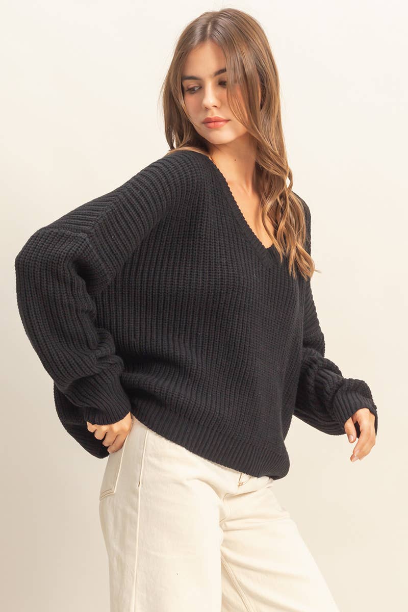 Oversized Black V-Neck Knit Sweater