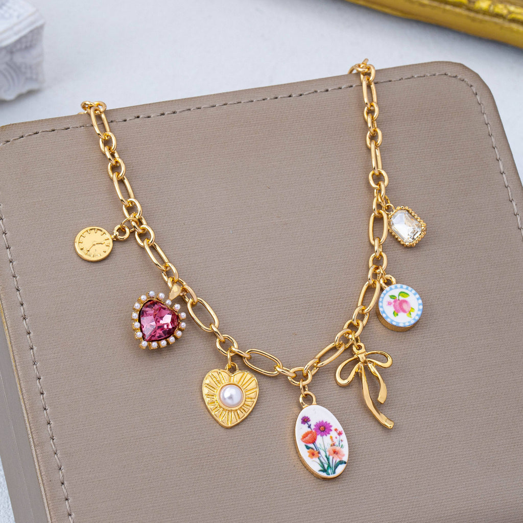 Vintage Bow Porcelain Multi-Charm Link Necklace