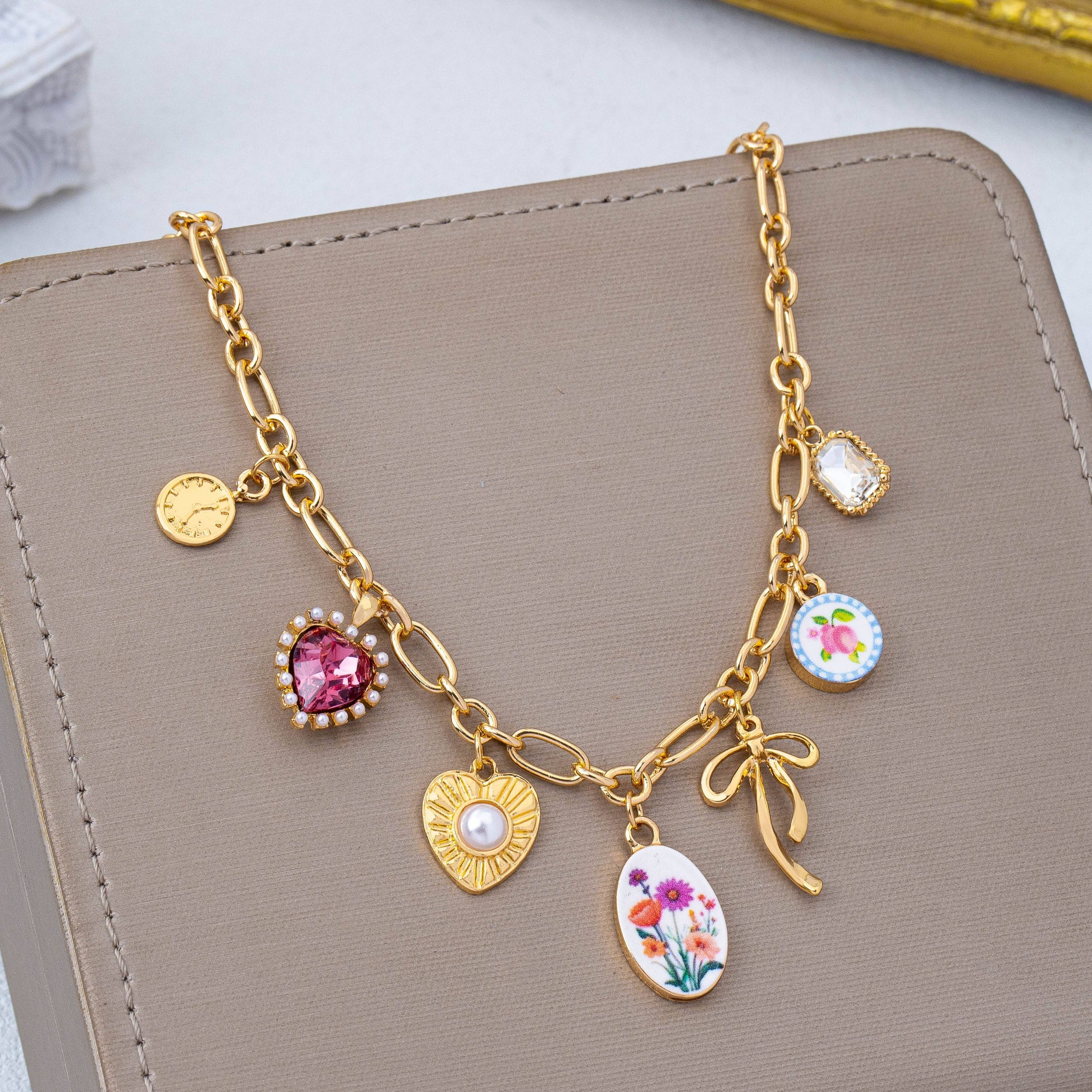Vintage Bow Porcelain Multi-Charm Link Necklace