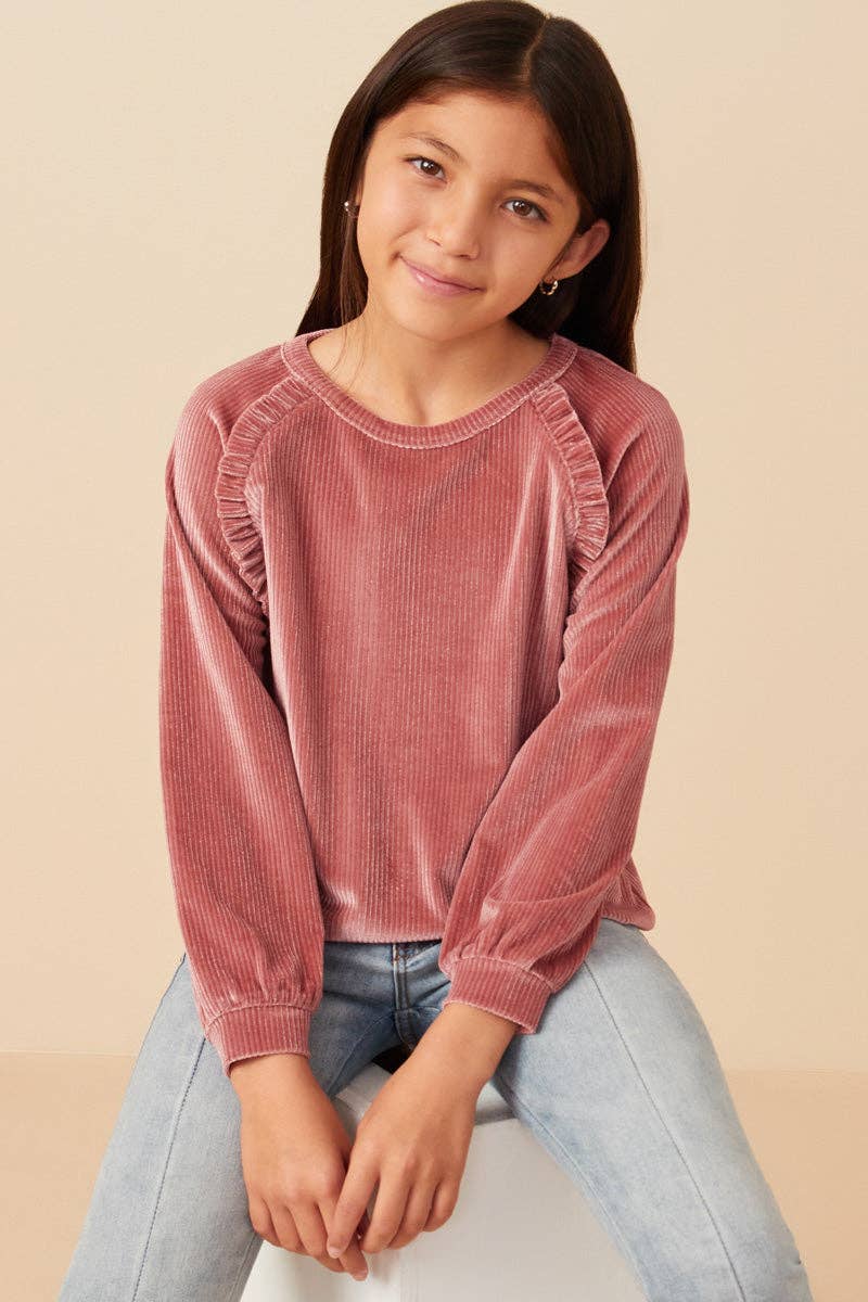Girls Ruffled Raglan Seam Brushed Rib Top Mauve