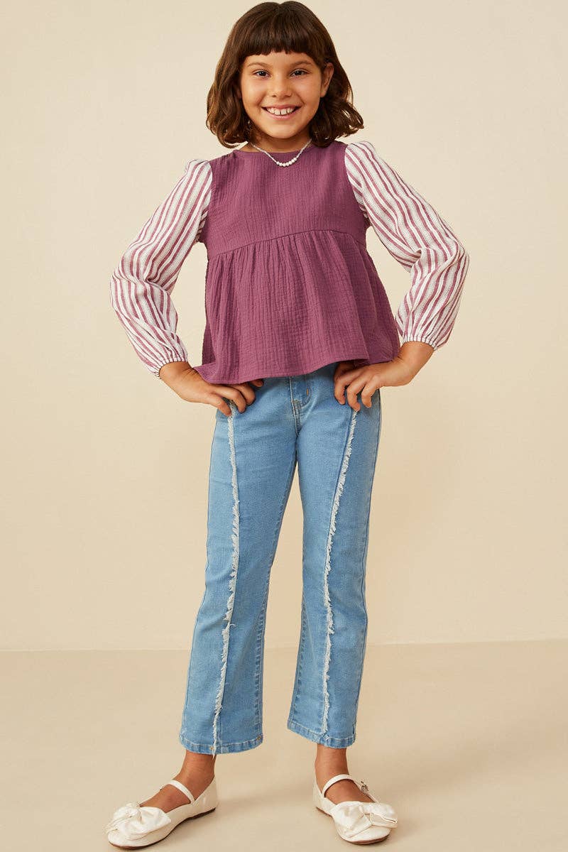 Girls Mix Media Contrast Sleeve Gauze Top: Purple