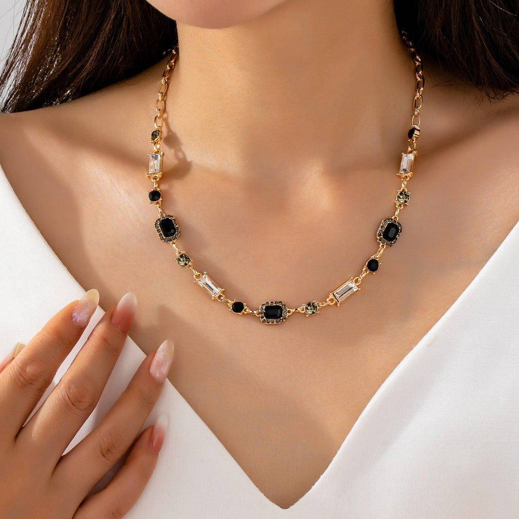 Geometric Black Crystal Baguette Necklace