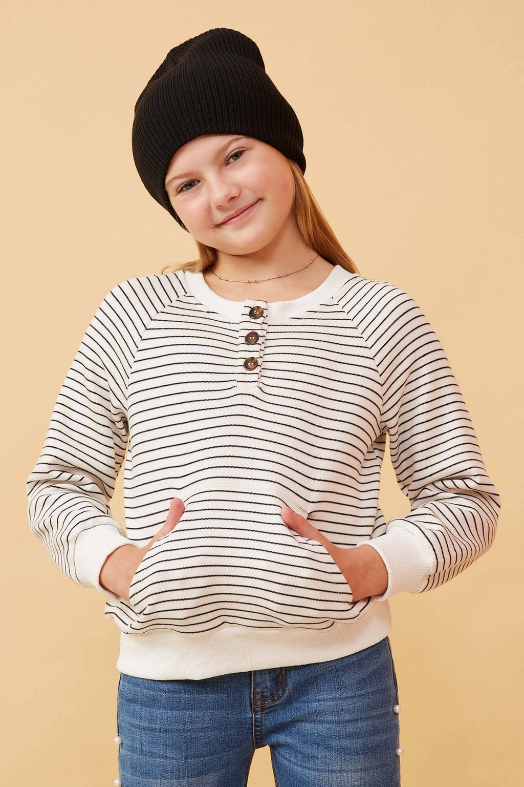 Girls Striped Kangaroo Pocket Knit Long Sleeve Henley