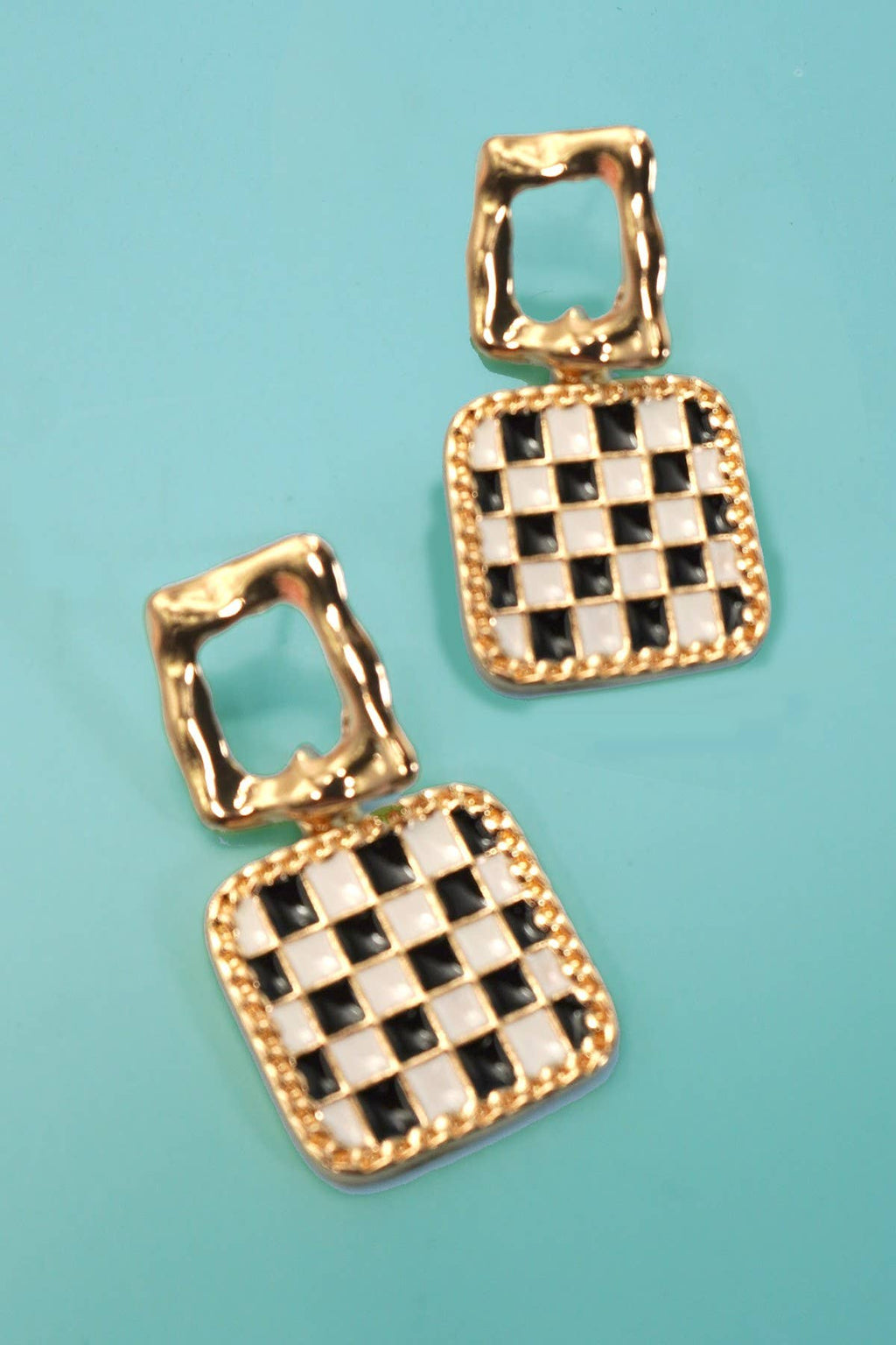 DOUBLE SQUARE CHEKER DROP EARRINGS