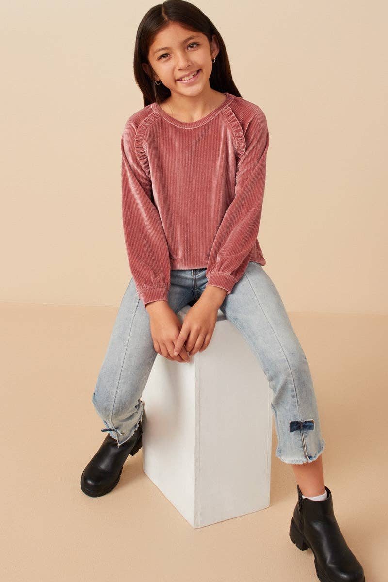 Girls Ruffled Raglan Seam Brushed Rib Top Mauve