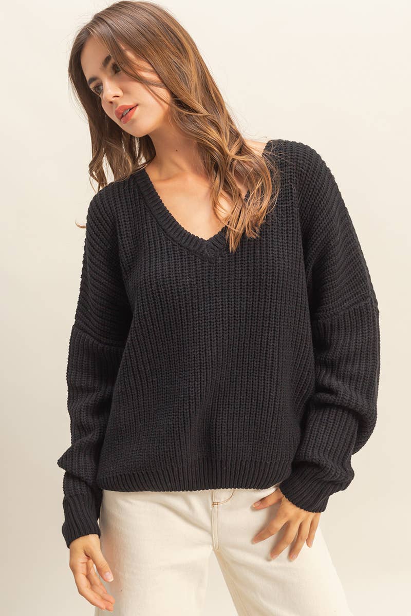 Oversized Black V-Neck Knit Sweater