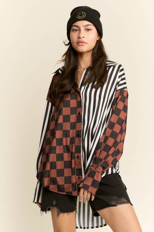 SPLIT DECISION CHECKER-STRIPE BLOUSE
