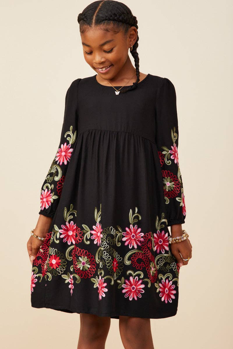 Girls Embroidered Detail Long Sleeve Scoop Neck Dress
