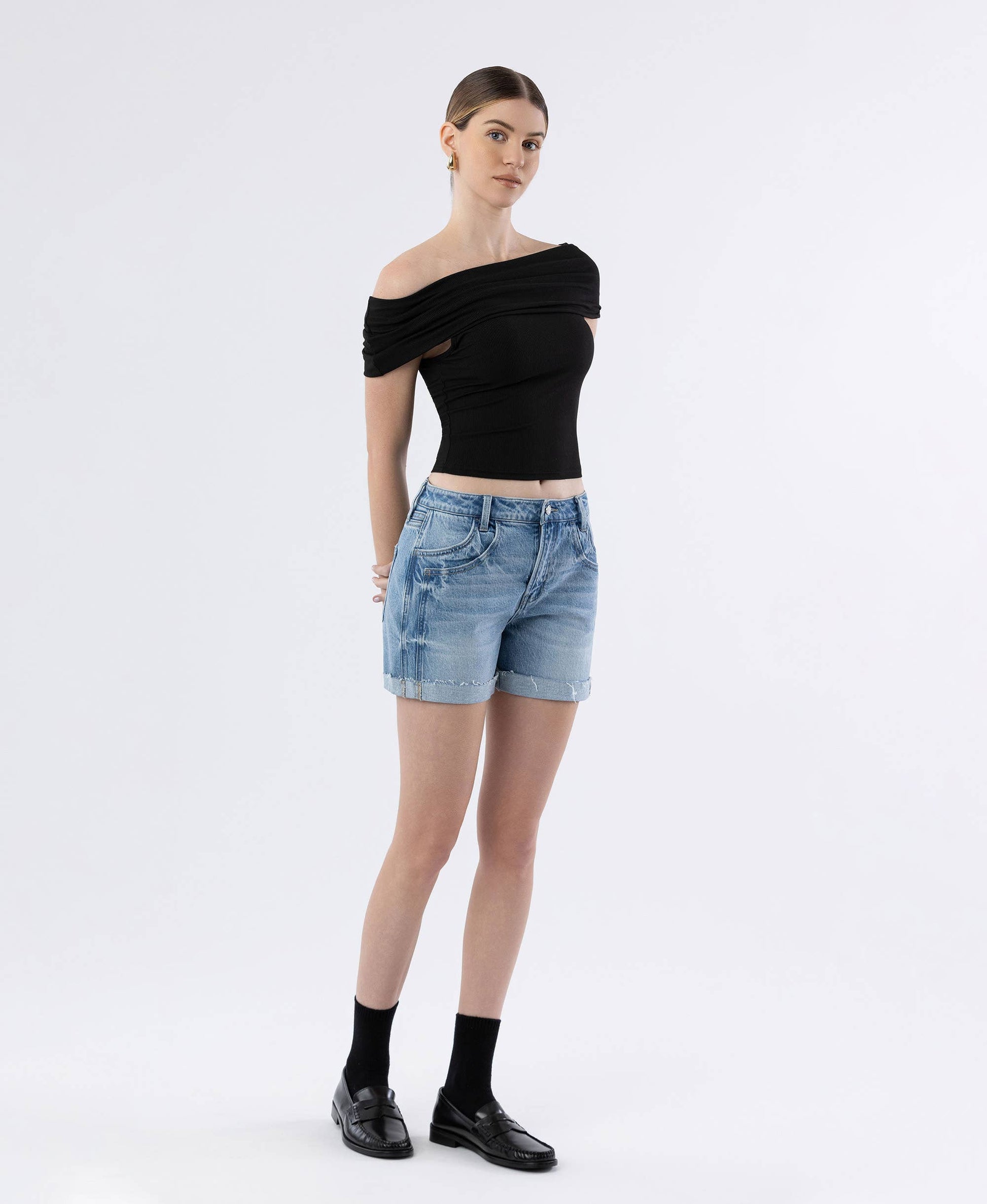 HIGH RISE DOUBLE FRONT POCKET CUFF SHORTS: GODS PLAN