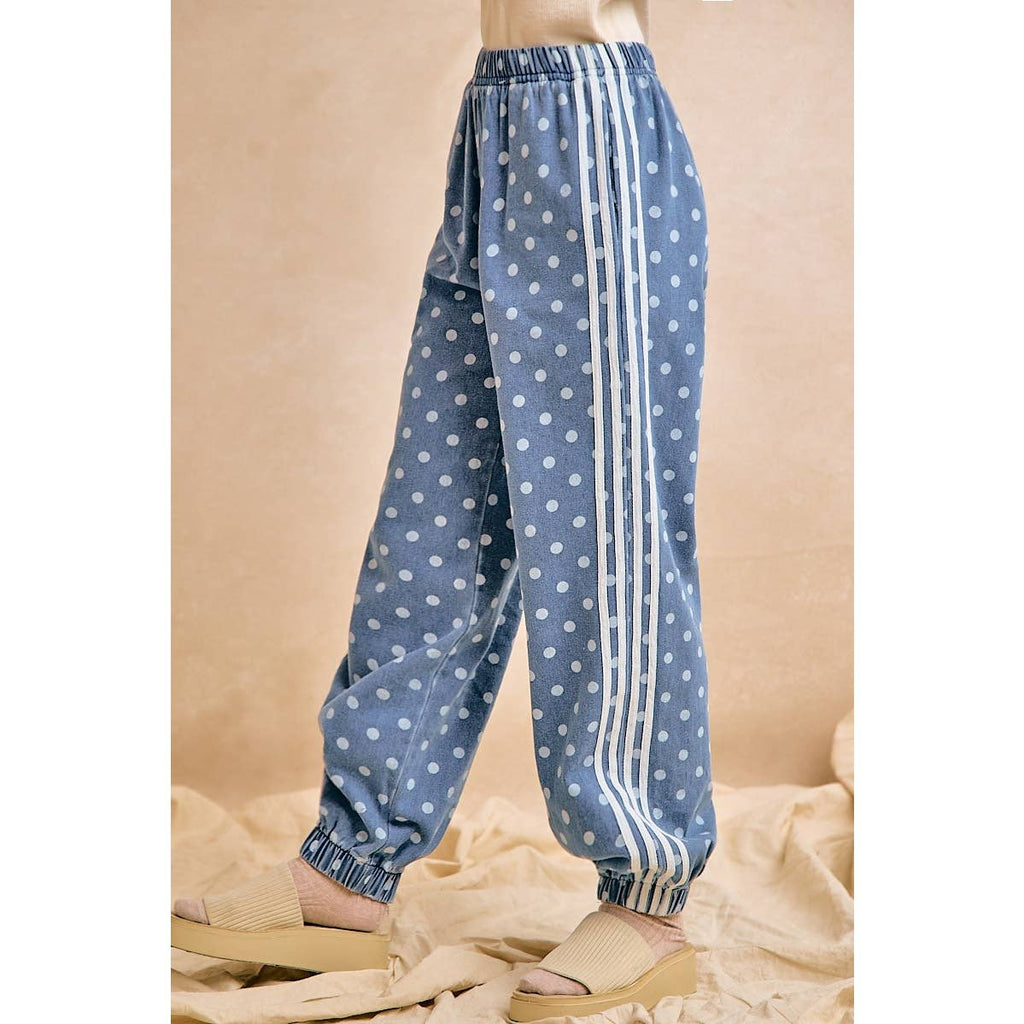 WASHED DENIM POLKA DOT ELASTIC HEM JOGGER PANTS: WASHED DENIM / XL