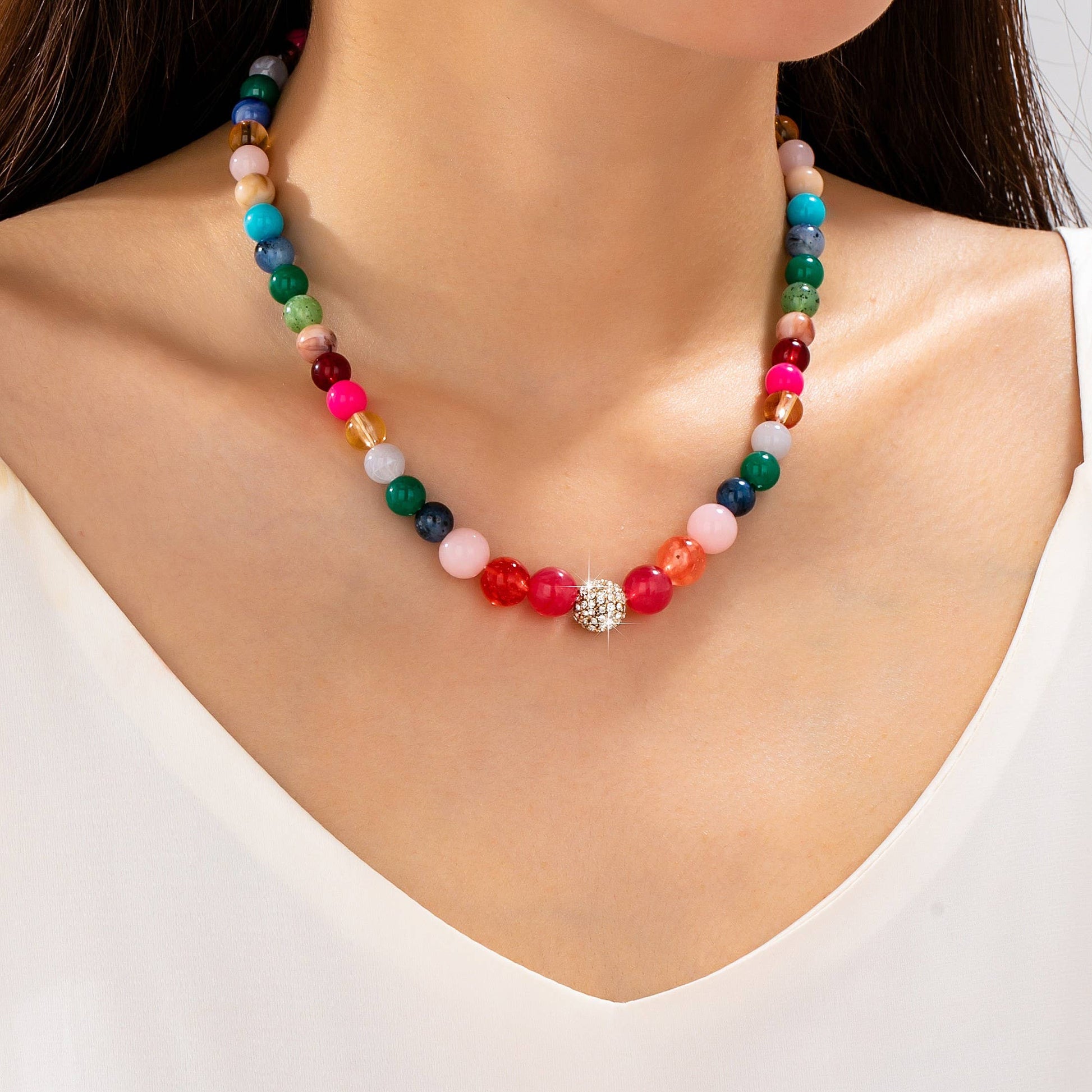 Multi-Color Beaded Crystal Ball Necklace