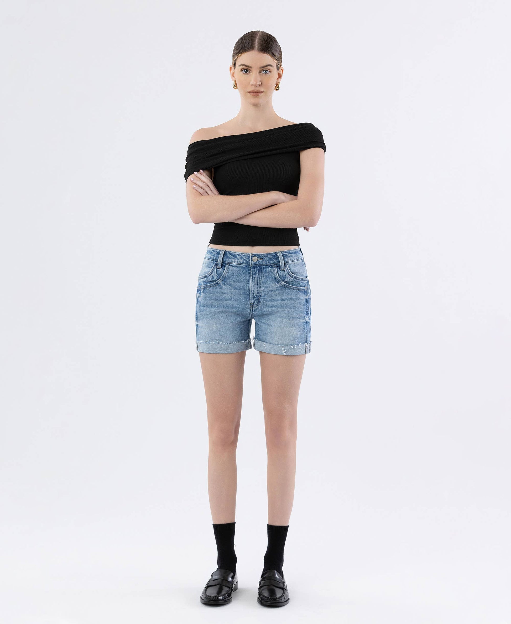 HIGH RISE DOUBLE FRONT POCKET CUFF SHORTS: GODS PLAN