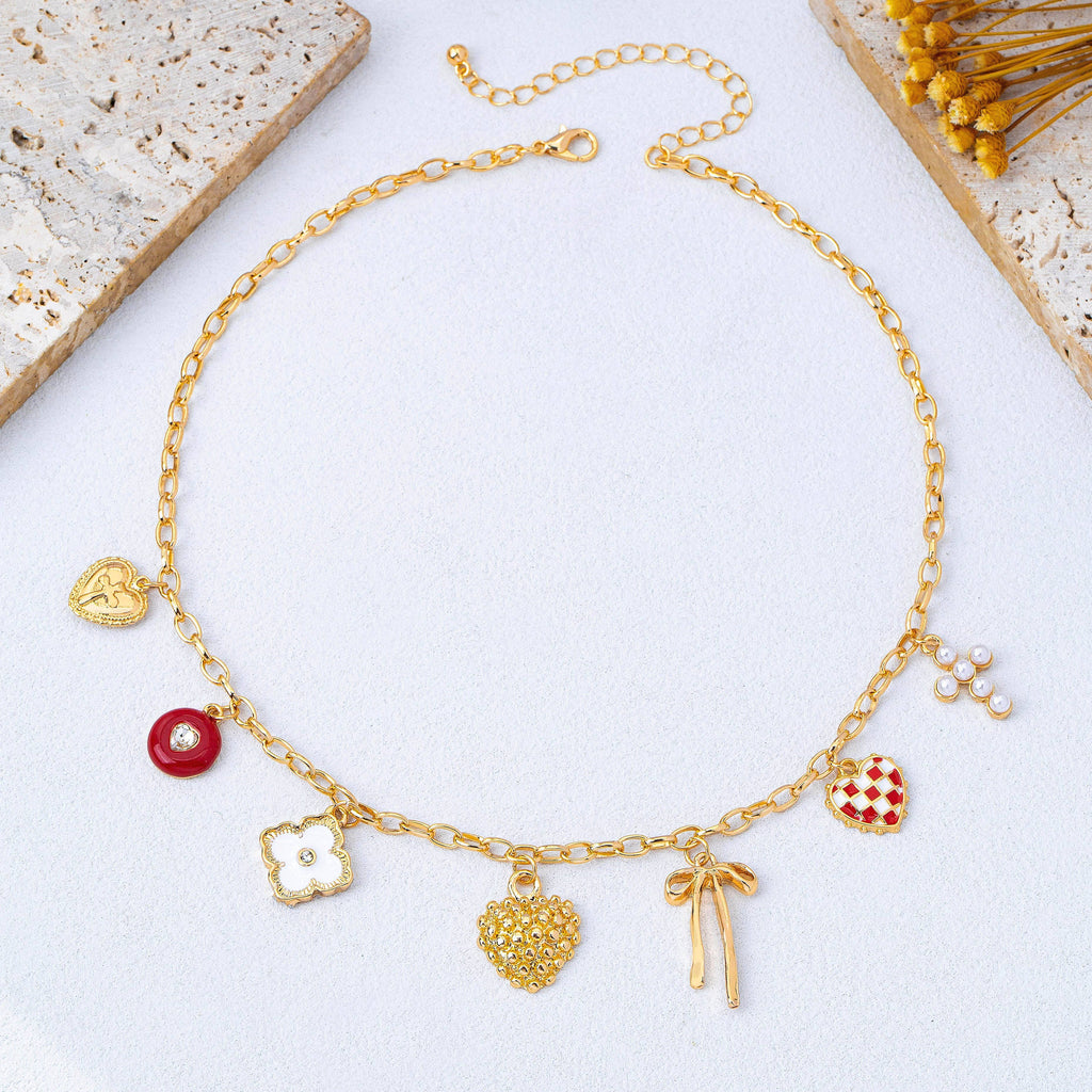 Heart Bow Cross Checker heart Charm Necklace | 80N93301: GOLD