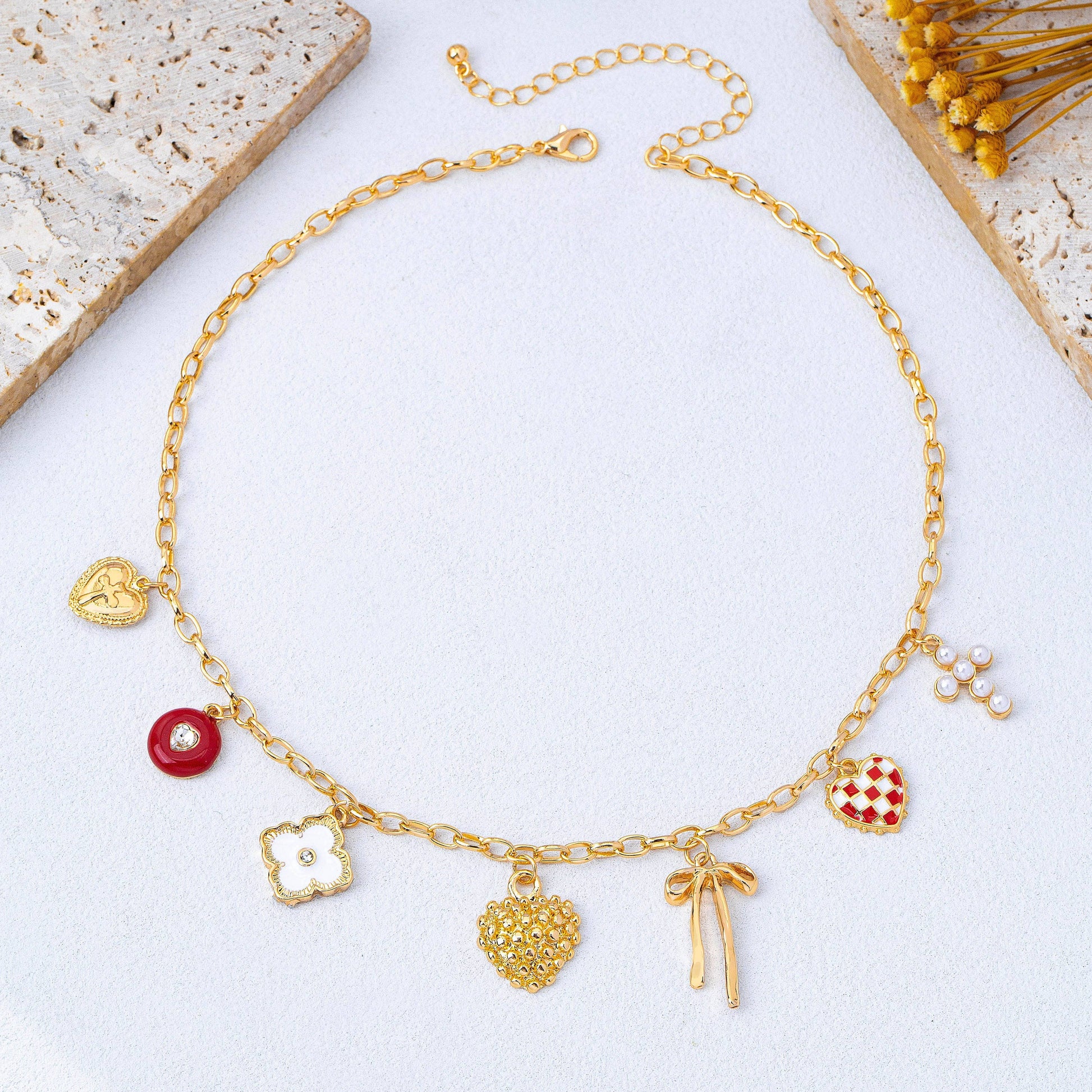 Heart Bow Cross Checker heart Charm Necklace | 80N93301: GOLD