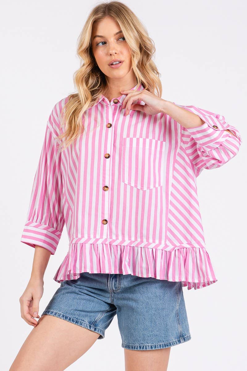 Pink and White Striped Button Down Ruffle Blouse