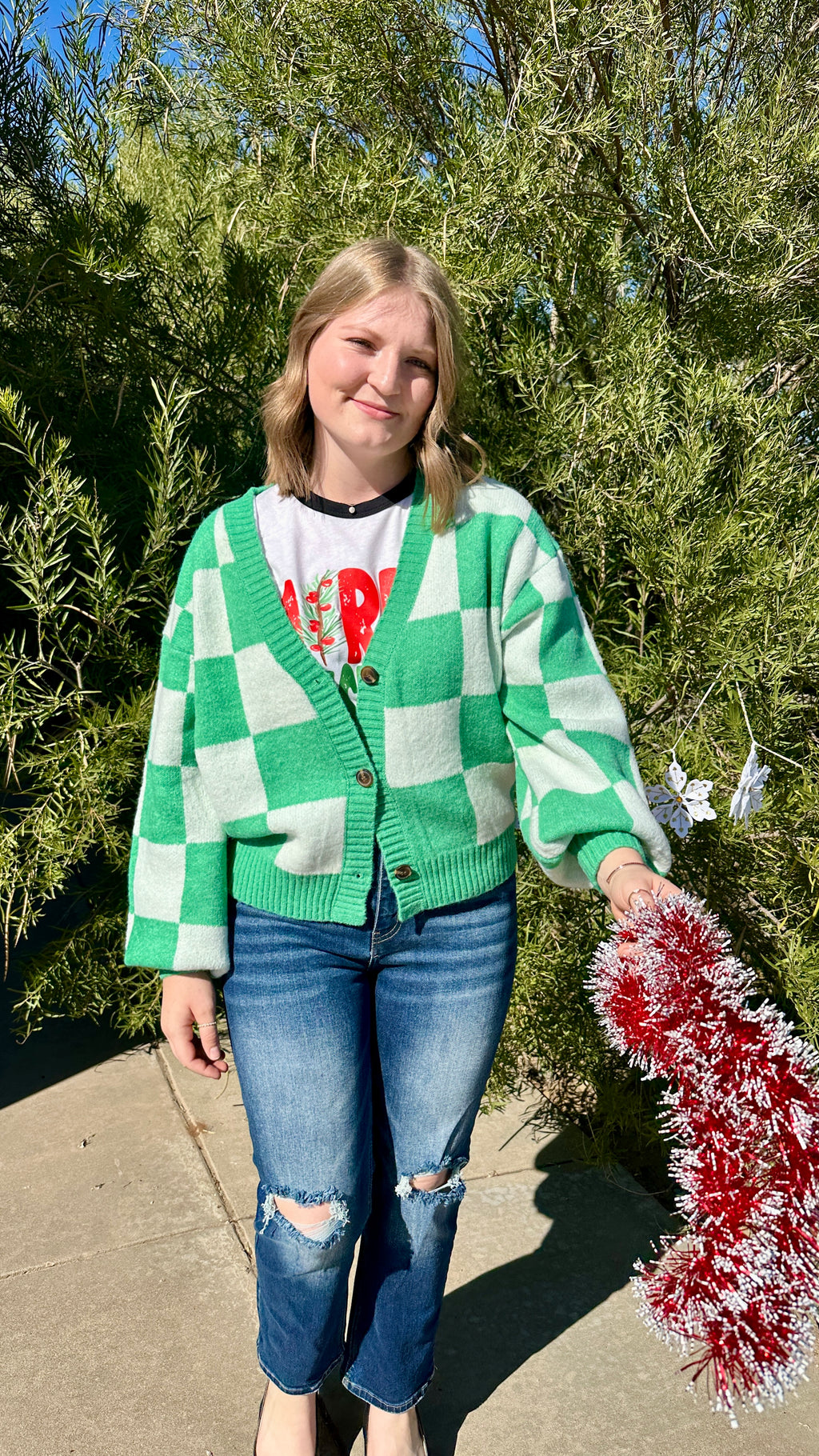 Checkered Button Front Cardigan Sweater - Green