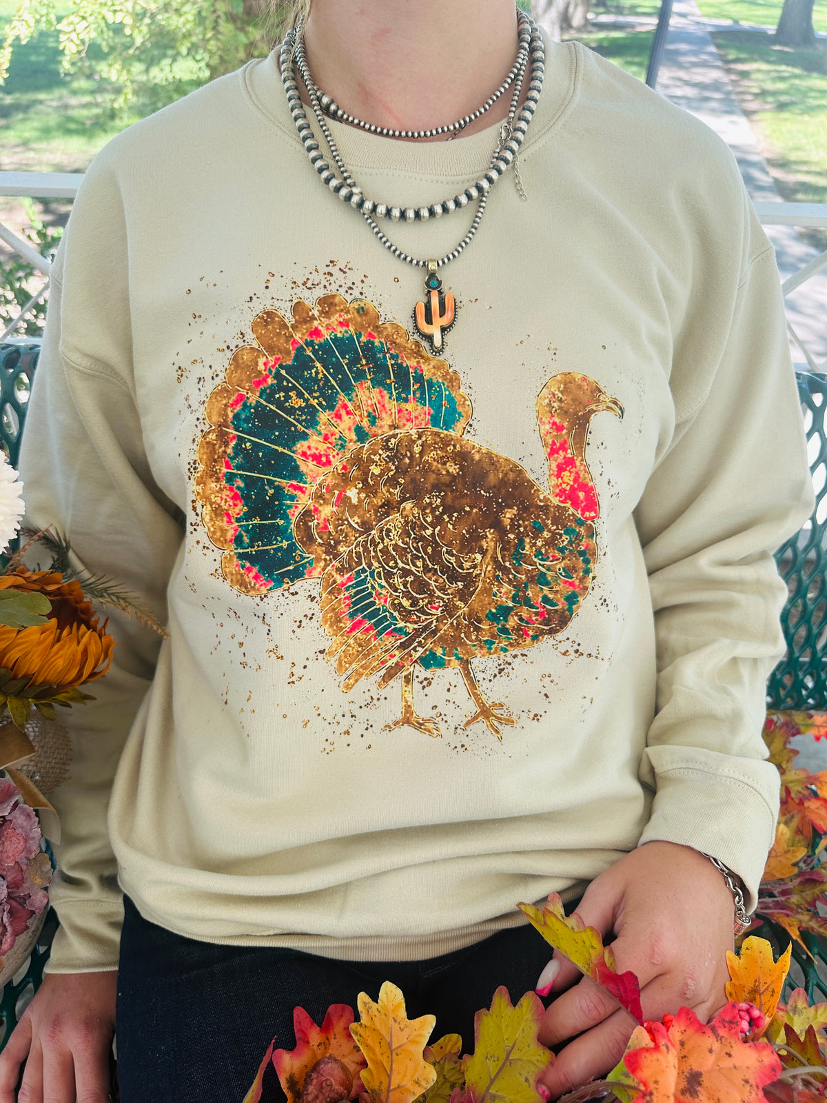 Preppy Fall Faux Glitter Splatter Turkey Graphic Sweatshirt