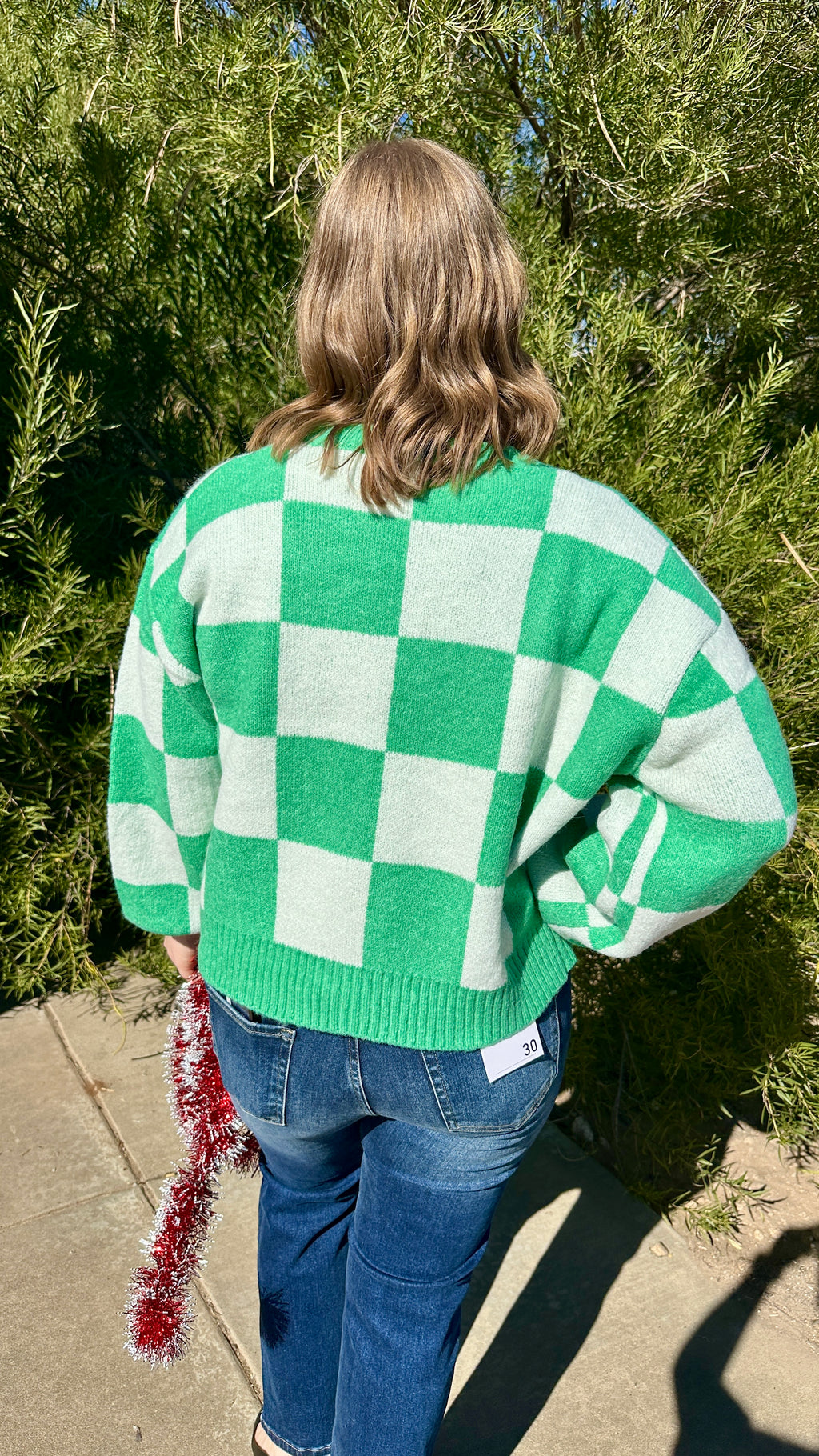 Checkered Button Front Cardigan Sweater - Green