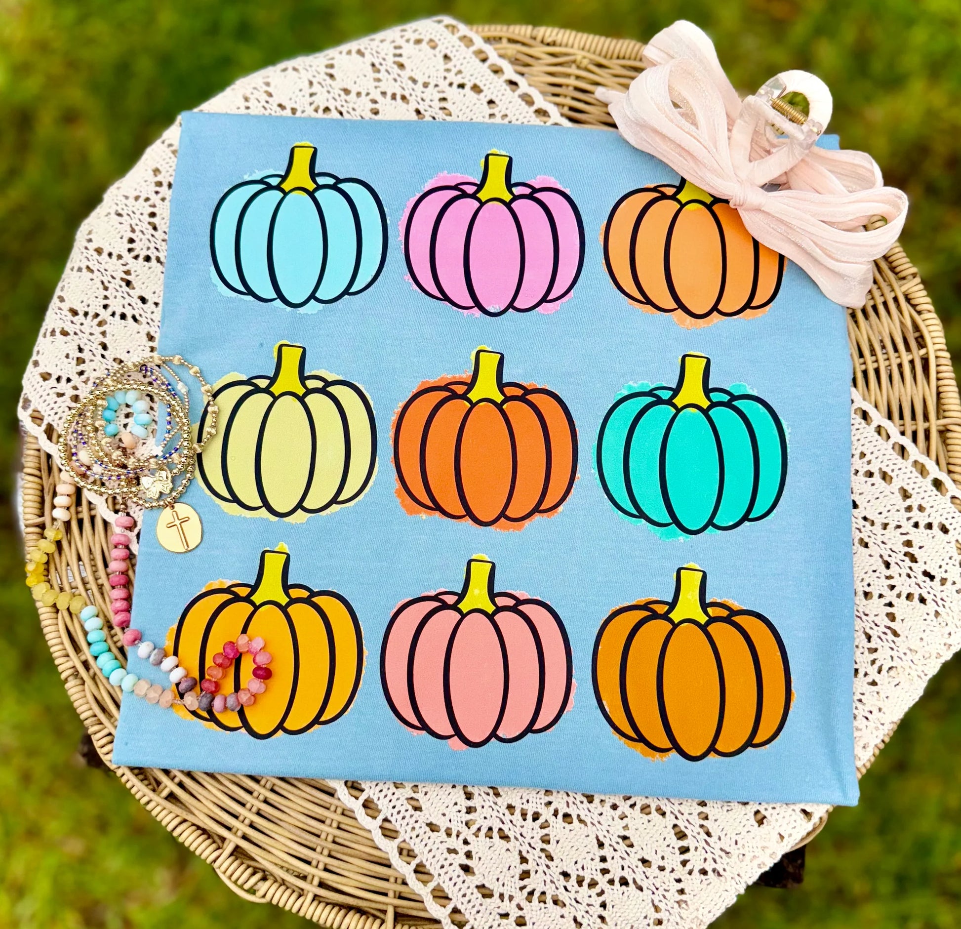 Colorful Pumpkin Grid Graphic T-shirt