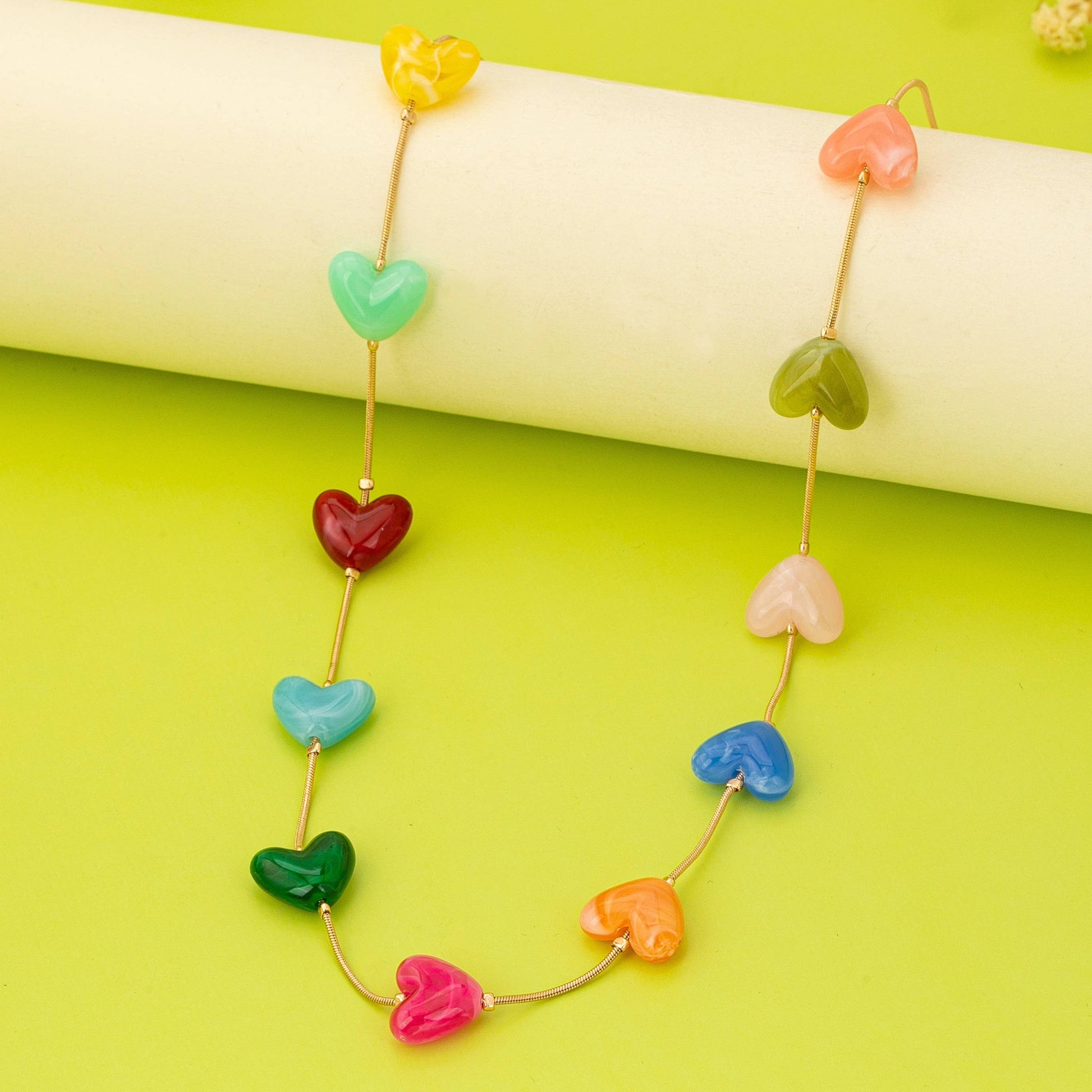 Multicolor Resin Beaded Heart Station Necklace