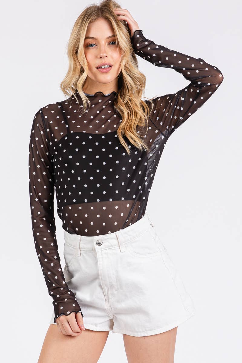 Black & White Polka Dot Mesh Long Sleeve Top