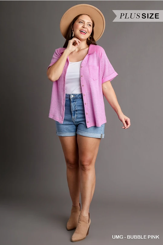 Bubble Gum Waffle Knit Button Down Shirt - Curvy