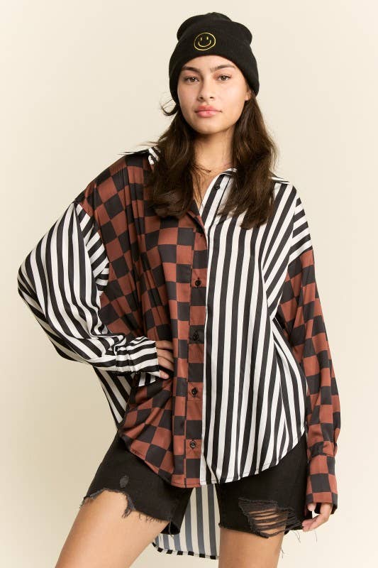 SPLIT DECISION CHECKER-STRIPE BLOUSE