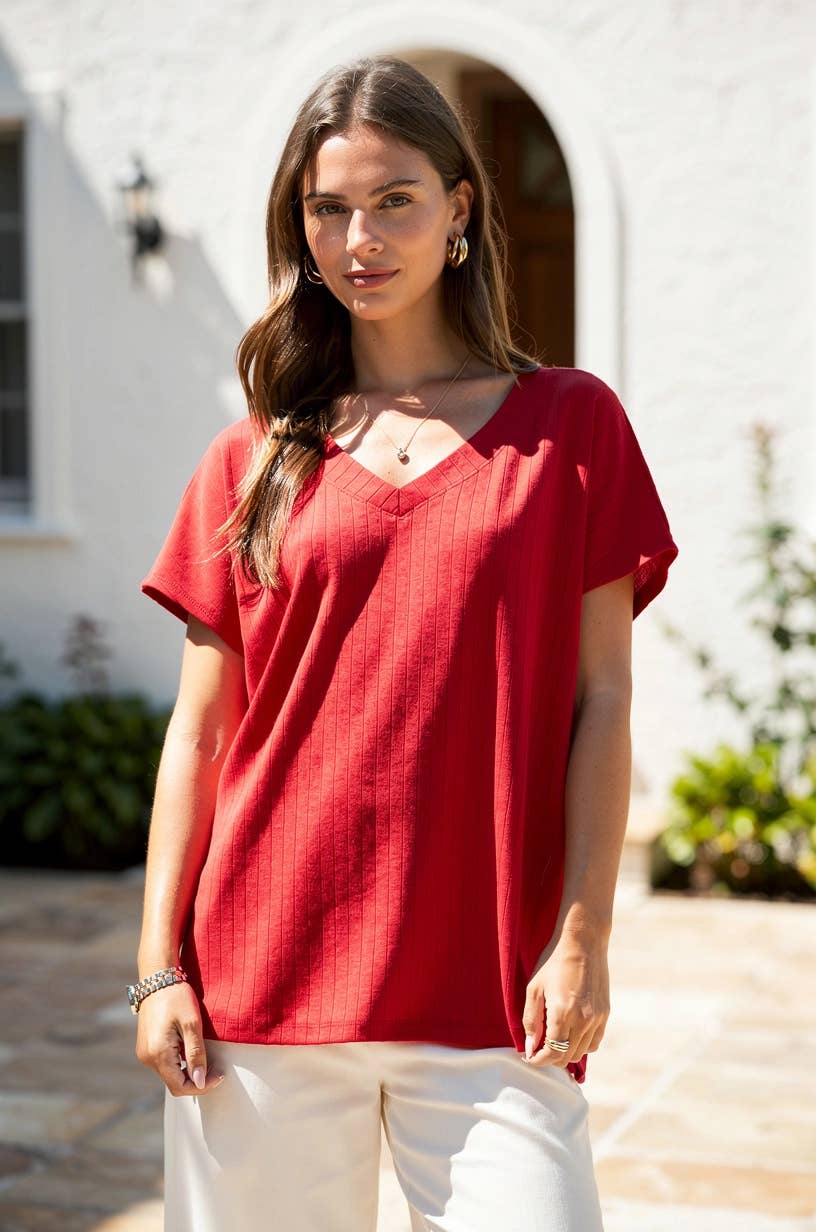 Thick Ribbed Knit Top: Red