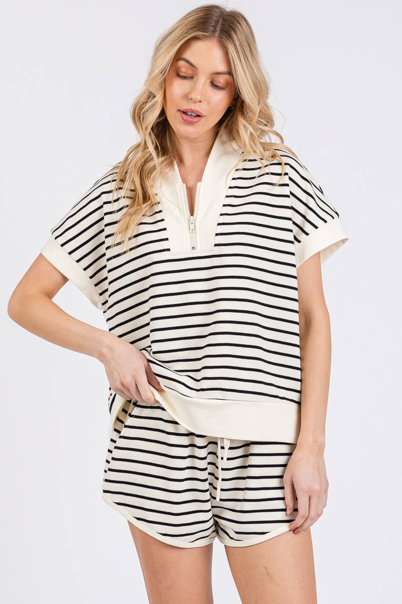 HALF ZIP UP STRIPED TOP AND SHORTS SETS - IVORY/BLACK
