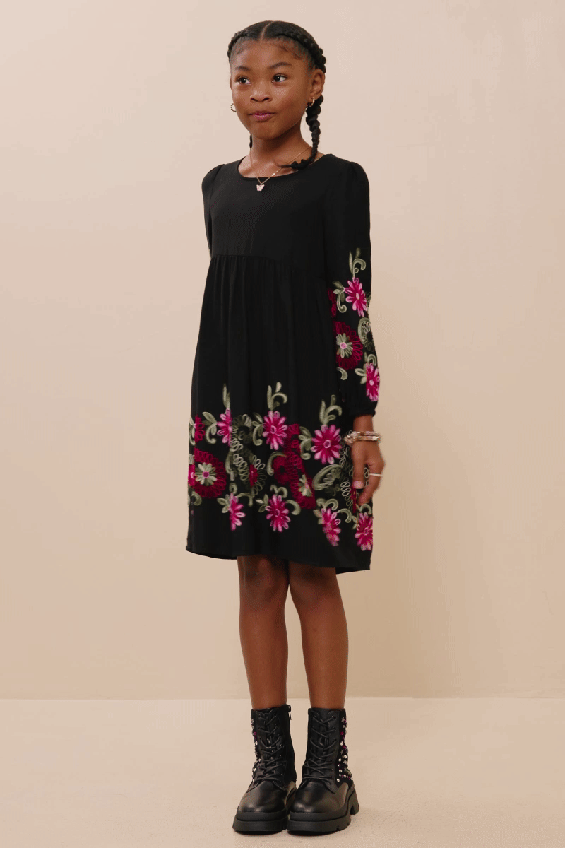 Girls Embroidered Detail Long Sleeve Scoop Neck Dress