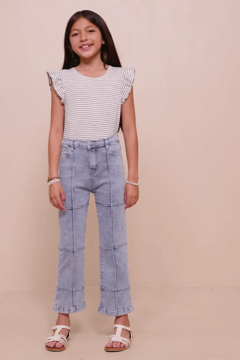 Girls Washed Paneled Detail Denim Jeans: Light Denim