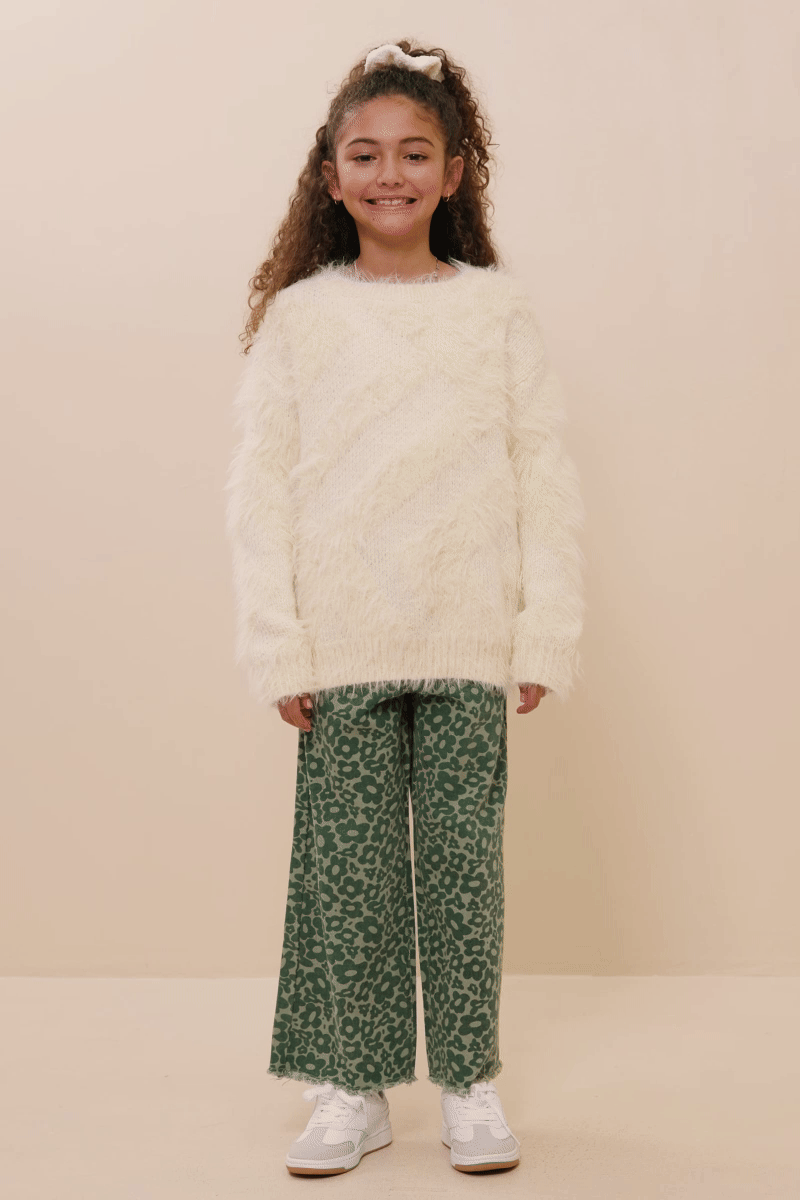 Girls Faux Fur Pullover Sweater: Ivory
