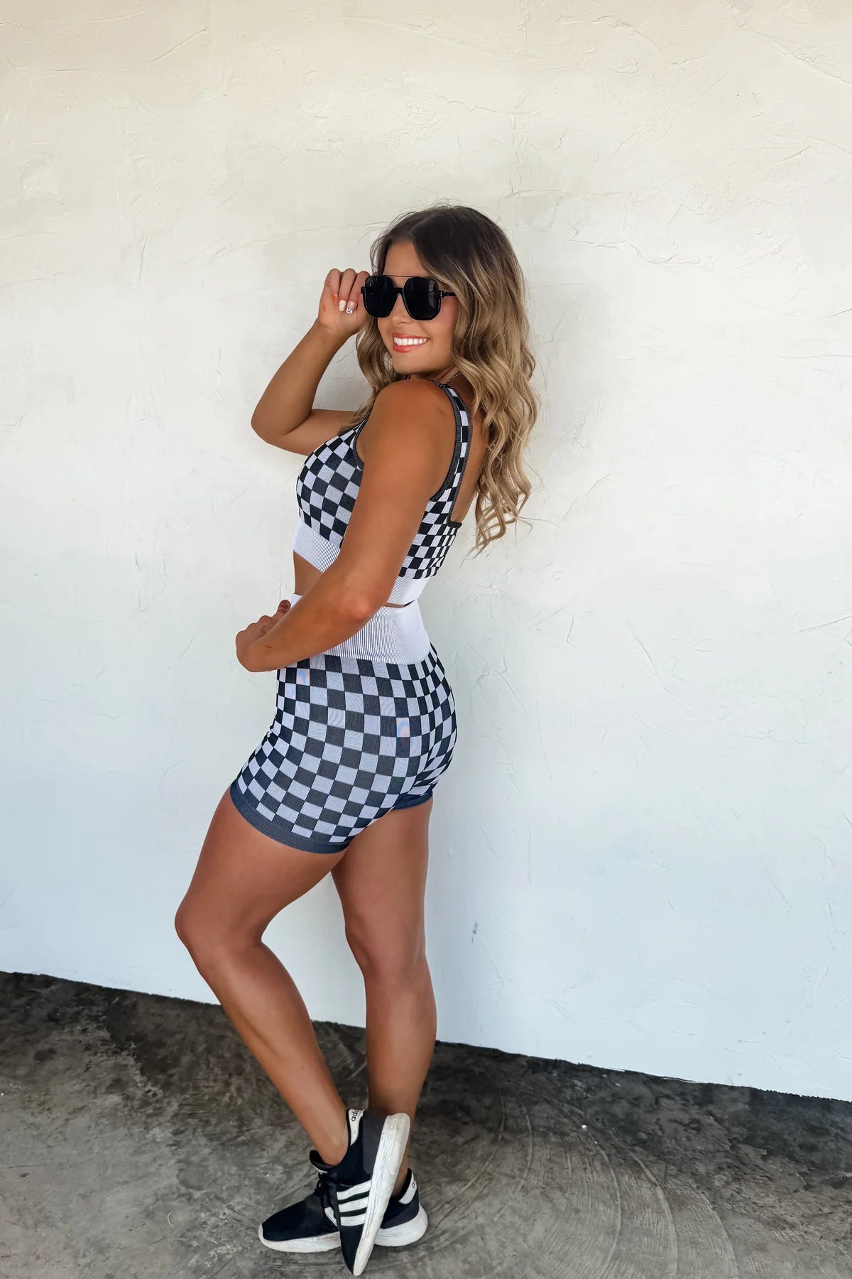 CHECKER BRA & BIKER SHORT SET
