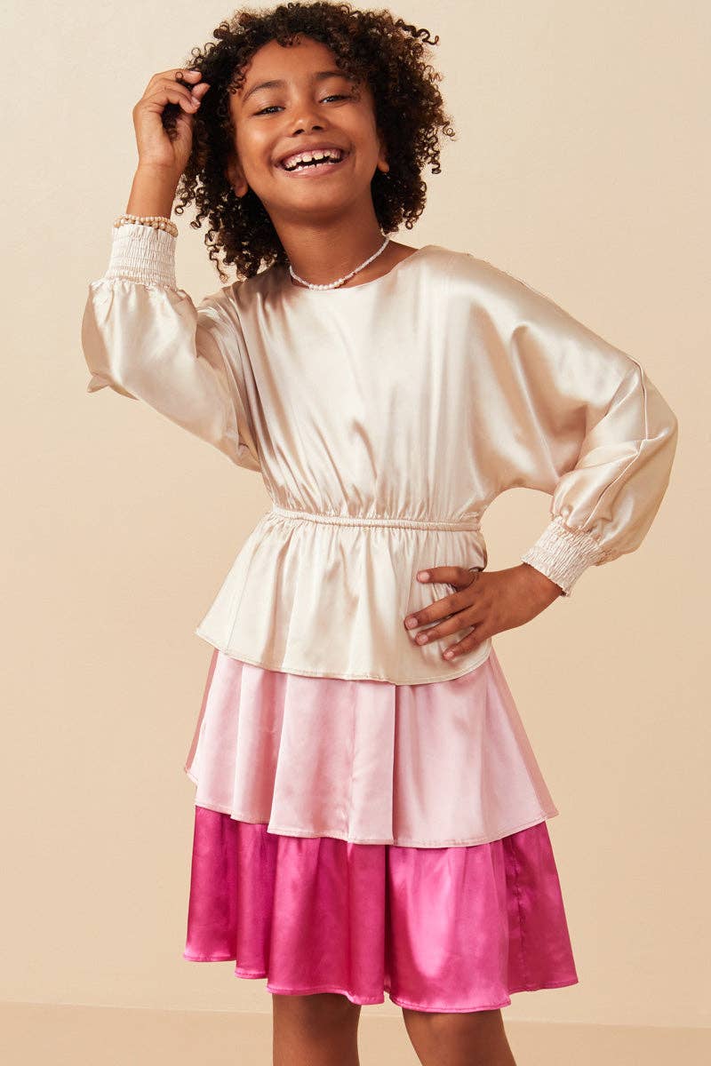 Girls Color Block Tiered Skirt Satin Dress: Pink Mix