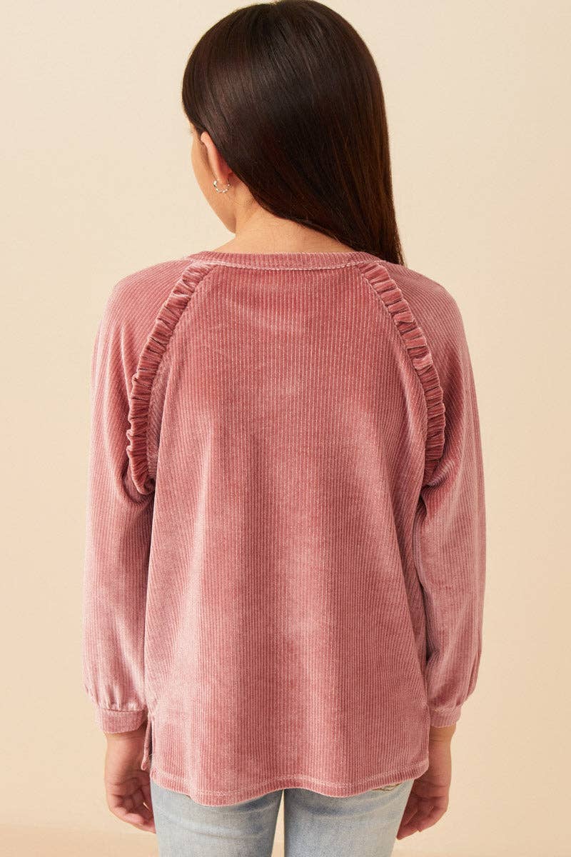 Girls Ruffled Raglan Seam Brushed Rib Top Mauve
