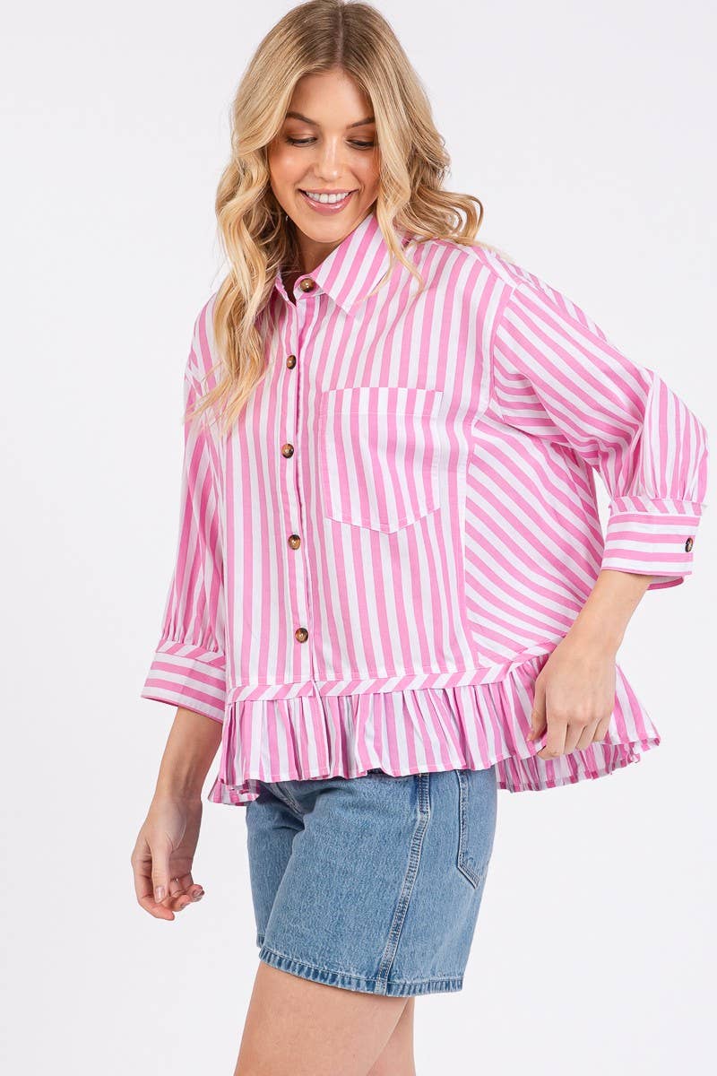 Pink and White Striped Button Down Ruffle Blouse