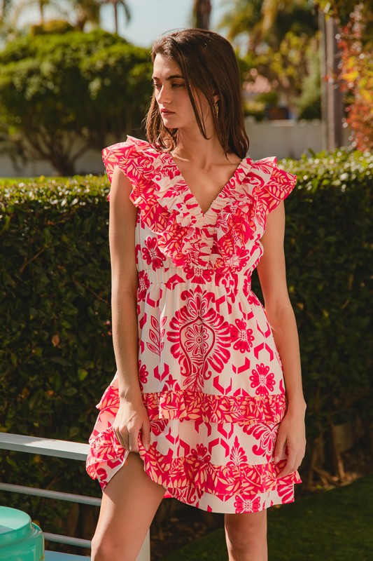 Mixed Print Ruffle Dress