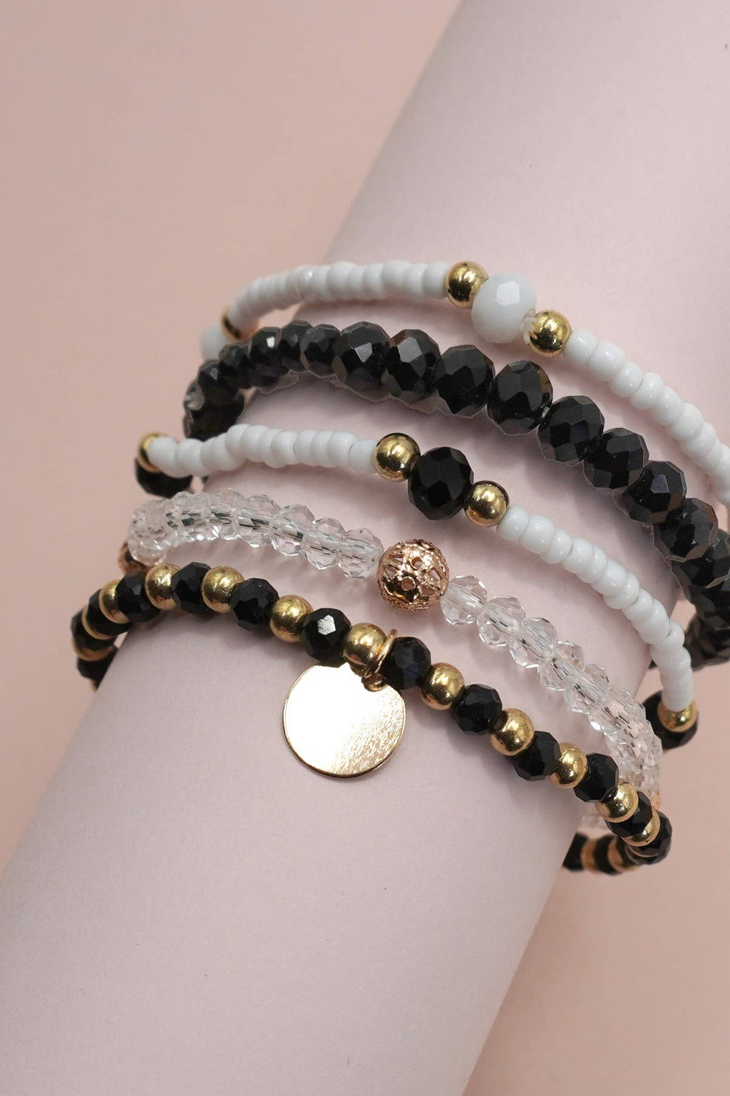 MULTILAYER BEADED CHAIN DISC CHARM BRACELET