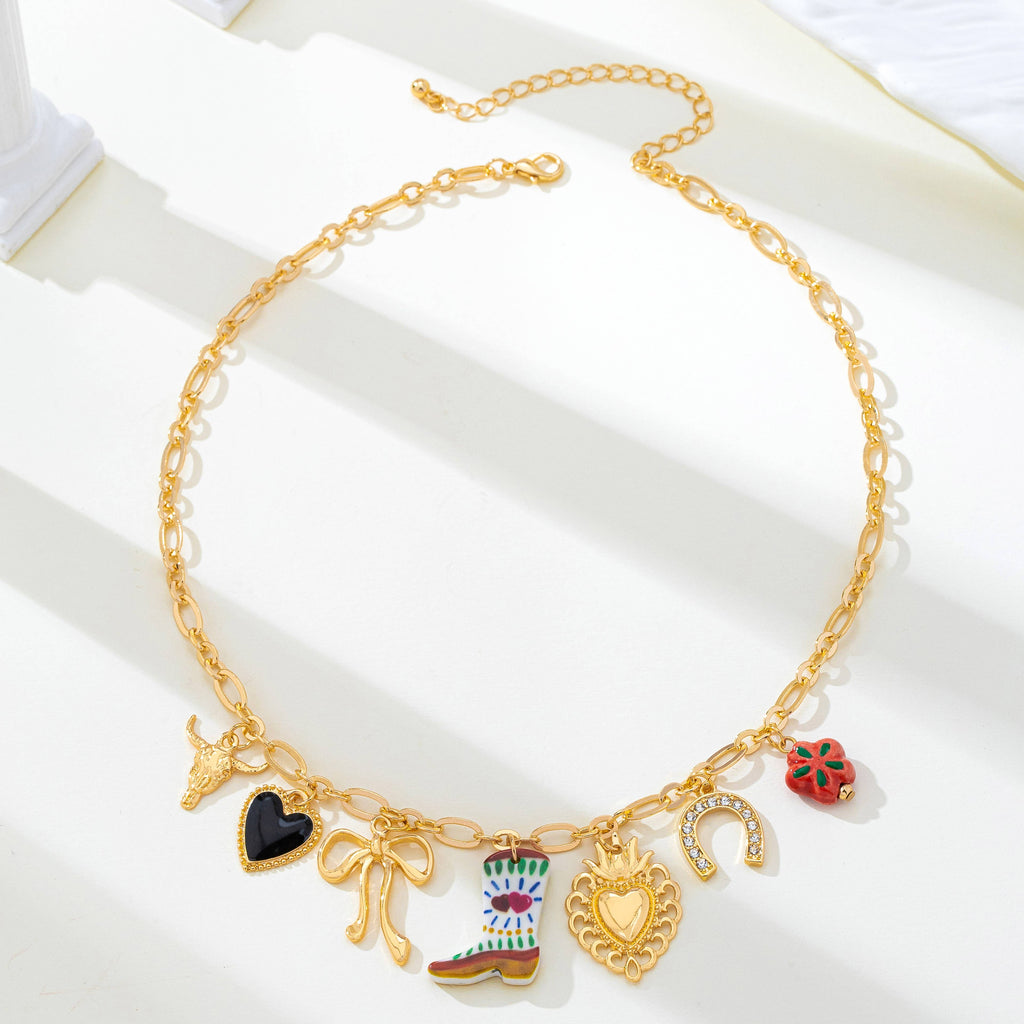 Western Boot Horseshoe Heart Multi Charm Necklace