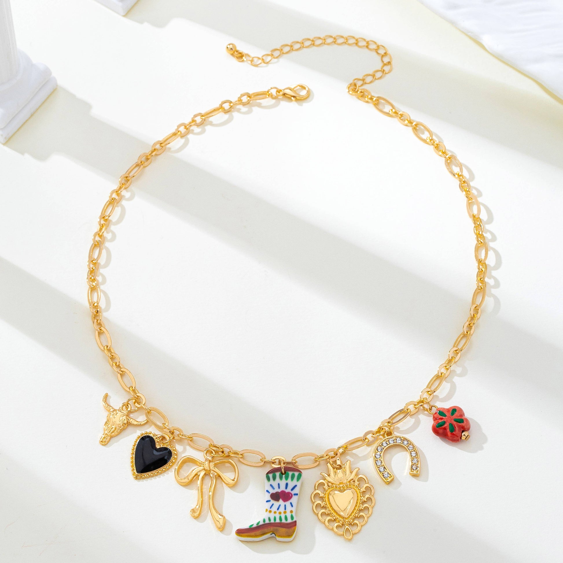 Western Boot Horseshoe Heart Multi Charm Necklace