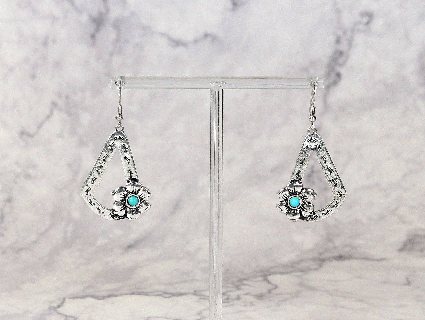 Silver Dangle Earrings with Flowers and Turquoise