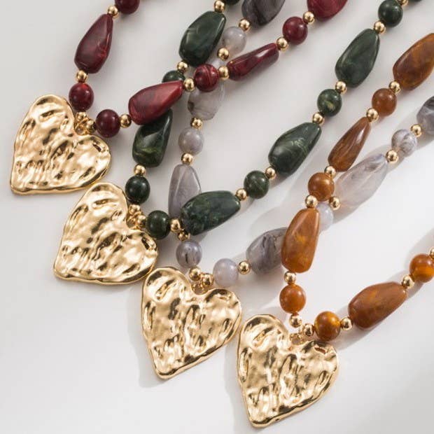 Hammered Heart Pendant Resin Beaded Necklaces | 40NK9662: Grey